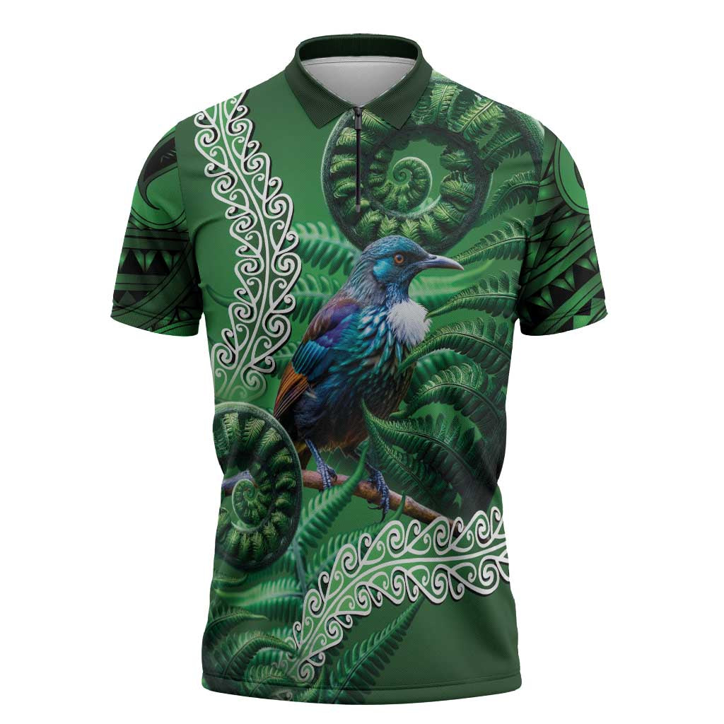 Tui Bird Koru Silver Fern Aotearoa Zipper Polo Shirt LT9 Green - Polynesian Pride