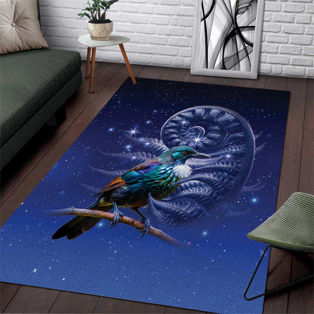 Tui Bird Matariki Galaxy Area Rug Koru Silver Fern Aotearoa