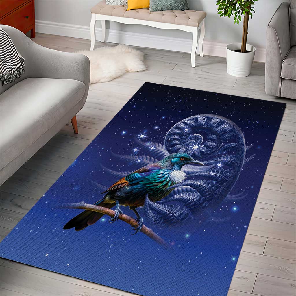 Tui Bird Matariki Galaxy Area Rug Koru Silver Fern Aotearoa