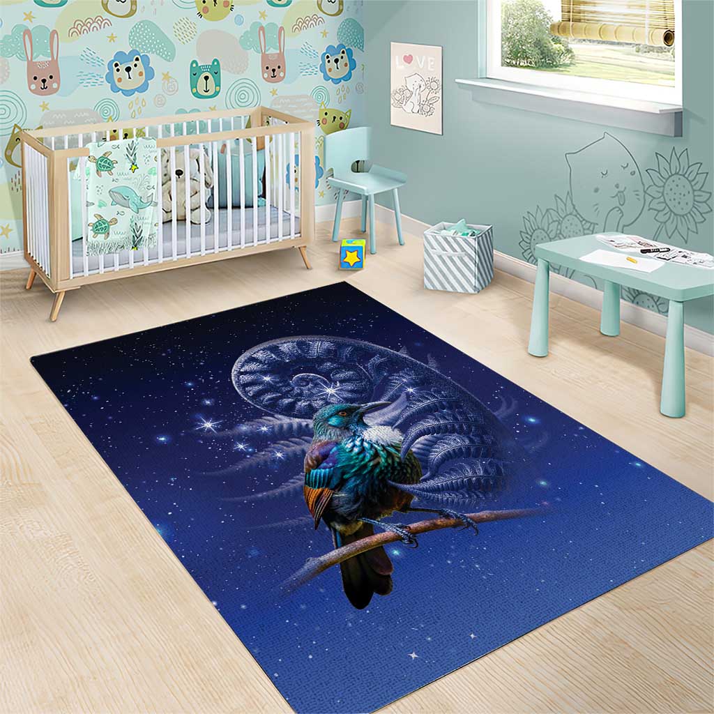 Tui Bird Matariki Galaxy Area Rug Koru Silver Fern Aotearoa