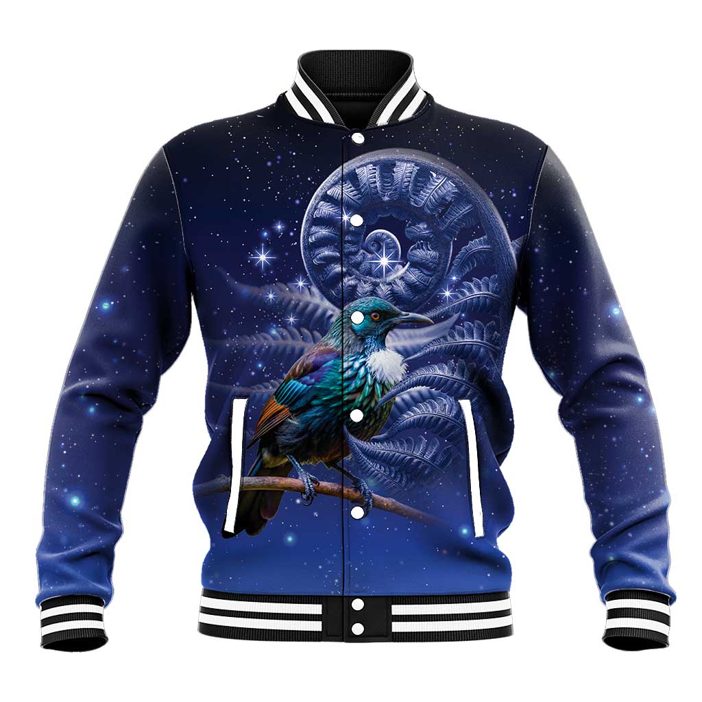 Tui Bird Matariki Galaxy Baseball Jacket Koru Silver Fern Aotearoa