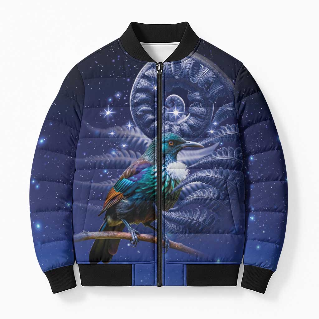 Tui Bird Matariki Galaxy Bomber Puffer Jacket Koru Silver Fern Aotearoa