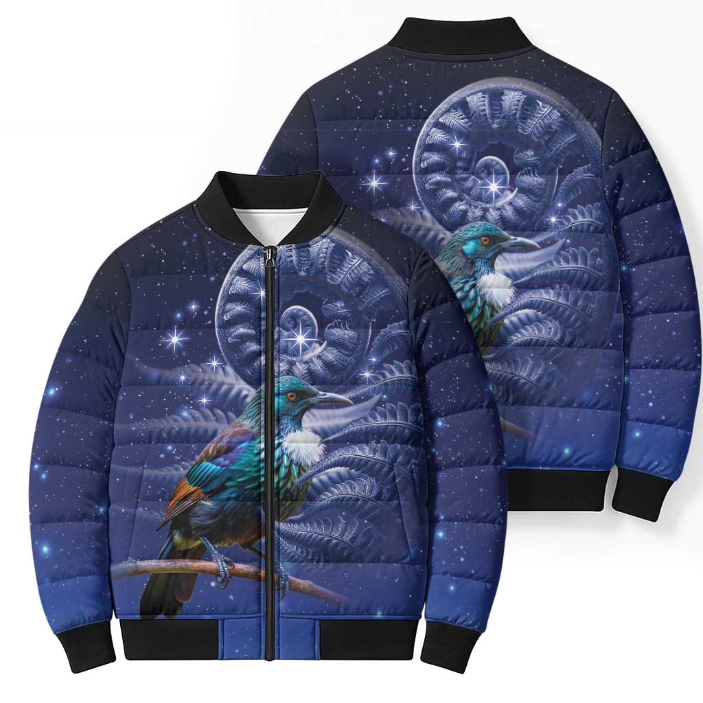 Tui Bird Matariki Galaxy Bomber Puffer Jacket Koru Silver Fern Aotearoa