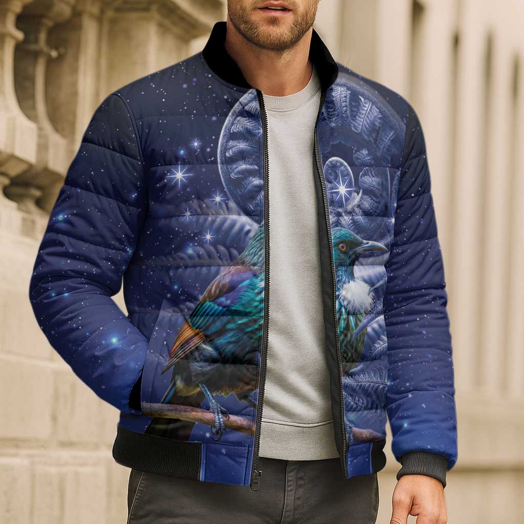 Tui Bird Matariki Galaxy Bomber Puffer Jacket Koru Silver Fern Aotearoa