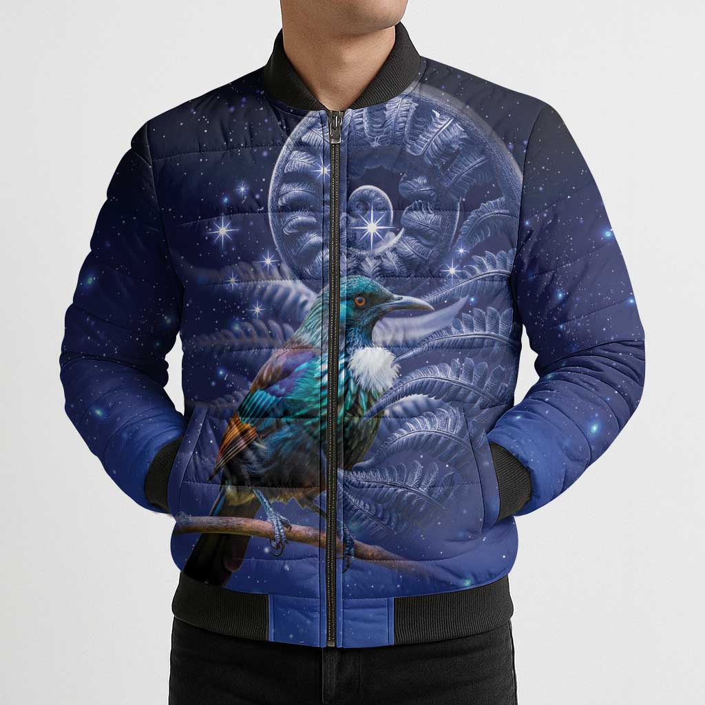 Tui Bird Matariki Galaxy Bomber Puffer Jacket Koru Silver Fern Aotearoa