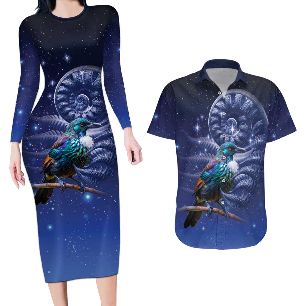 Tui Bird Matariki Galaxy Couples Matching Long Sleeve Bodycon Dress and Hawaiian Shirt Koru Silver Fern Aotearoa LT9 Galaxy - Polynesian Pride
