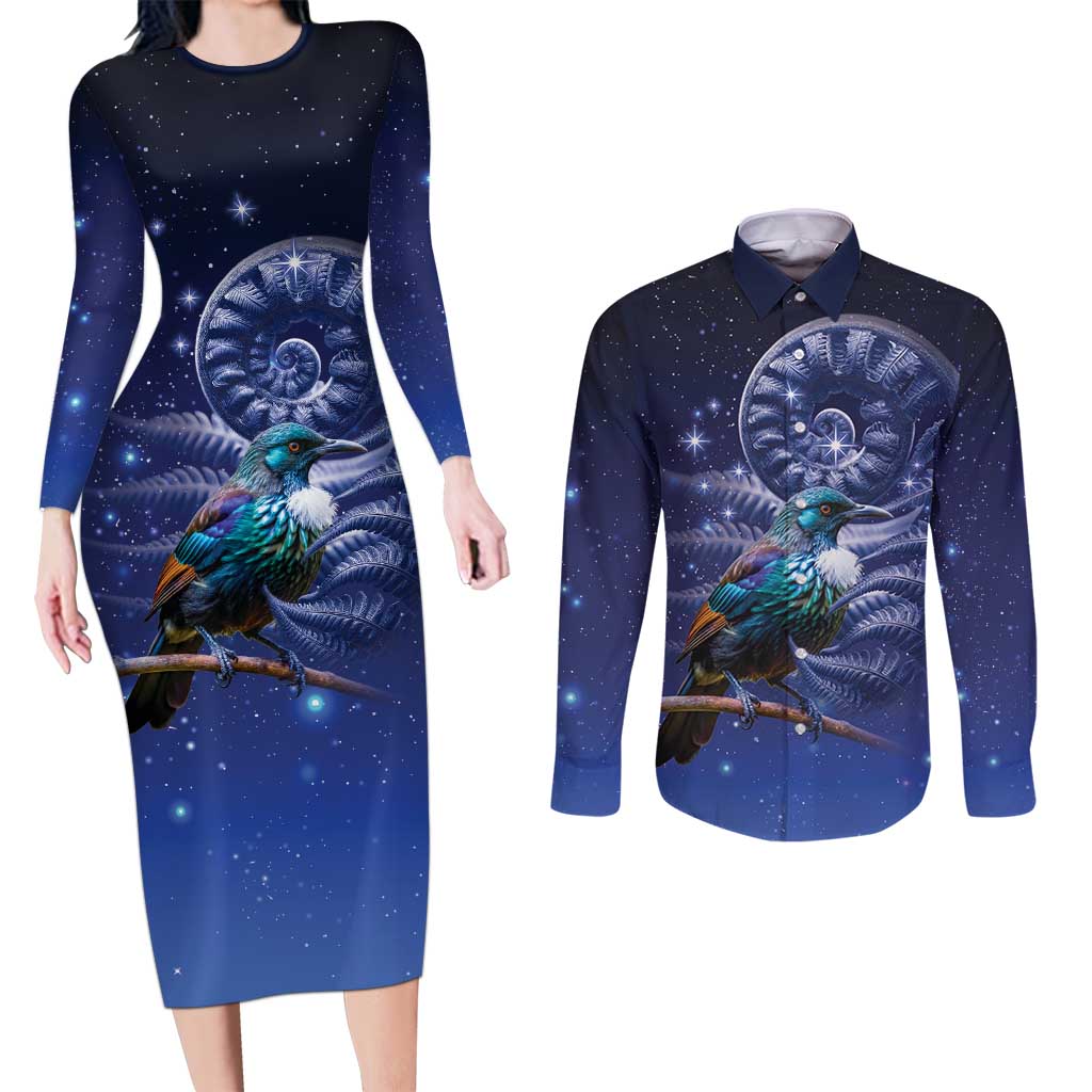 Tui Bird Matariki Galaxy Couples Matching Long Sleeve Bodycon Dress and Long Sleeve Button Shirt Koru Silver Fern Aotearoa LT9 Galaxy - Polynesian Pride