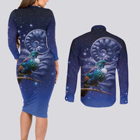 Tui Bird Matariki Galaxy Couples Matching Long Sleeve Bodycon Dress and Long Sleeve Button Shirt Koru Silver Fern Aotearoa LT9 - Polynesian Pride