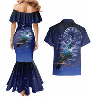 Tui Bird Matariki Galaxy Couples Matching Mermaid Dress and Hawaiian Shirt Koru Silver Fern Aotearoa LT9 - Polynesian Pride