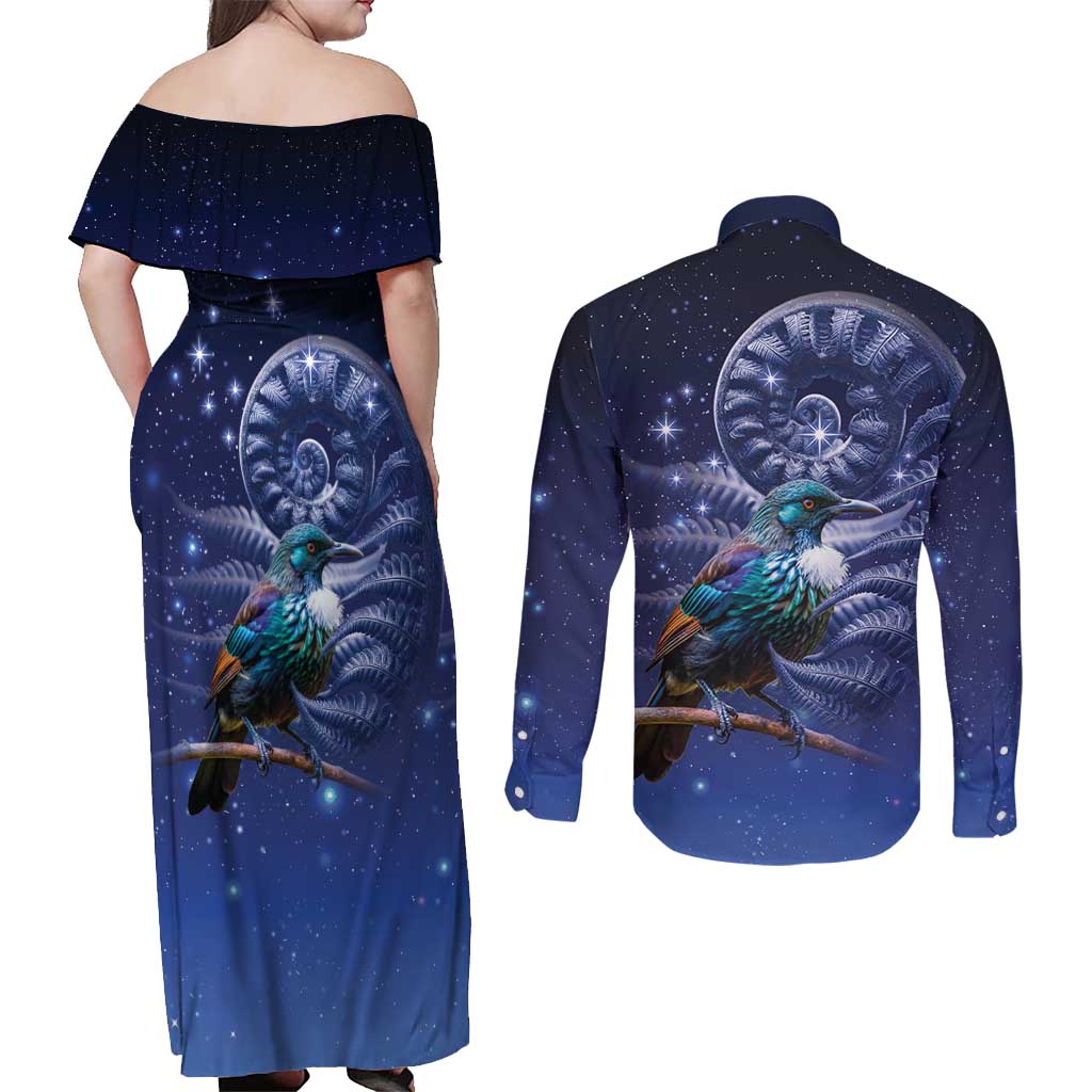 Tui Bird Matariki Galaxy Couples Matching Off Shoulder Maxi Dress and Long Sleeve Button Shirt Koru Silver Fern Aotearoa LT9 - Polynesian Pride