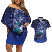 Tui Bird Matariki Galaxy Couples Matching Off Shoulder Short Dress and Hawaiian Shirt Koru Silver Fern Aotearoa LT9 Galaxy - Polynesian Pride