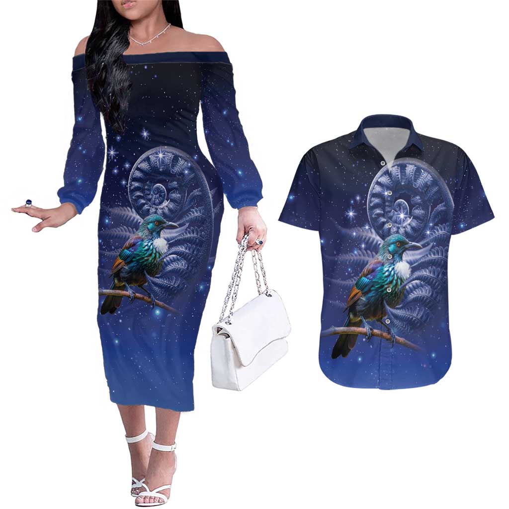 Tui Bird Matariki Galaxy Couples Matching Off The Shoulder Long Sleeve Dress and Hawaiian Shirt Koru Silver Fern Aotearoa LT9 Galaxy - Polynesian Pride