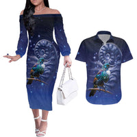 Tui Bird Matariki Galaxy Couples Matching Off The Shoulder Long Sleeve Dress and Hawaiian Shirt Koru Silver Fern Aotearoa LT9 Galaxy - Polynesian Pride