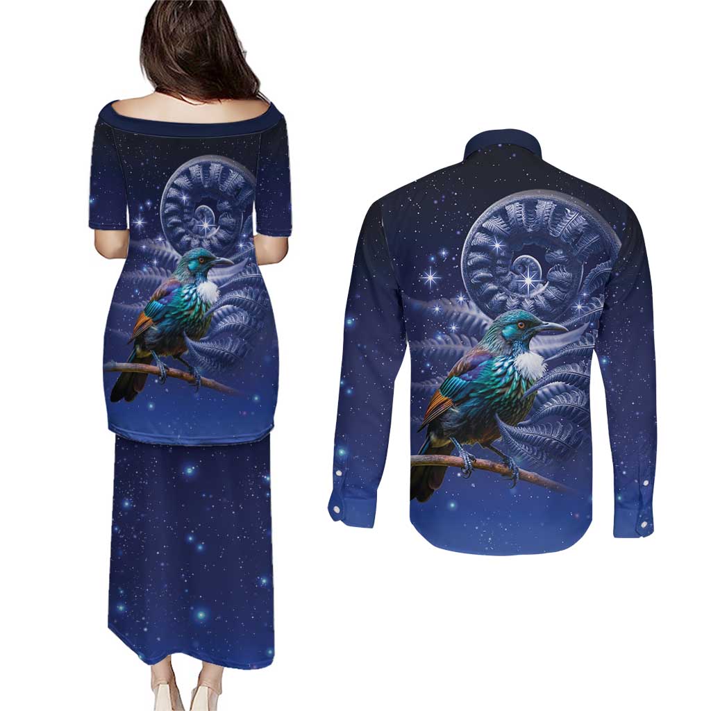 Tui Bird Matariki Galaxy Couples Matching Puletasi and Long Sleeve Button Shirt Koru Silver Fern Aotearoa