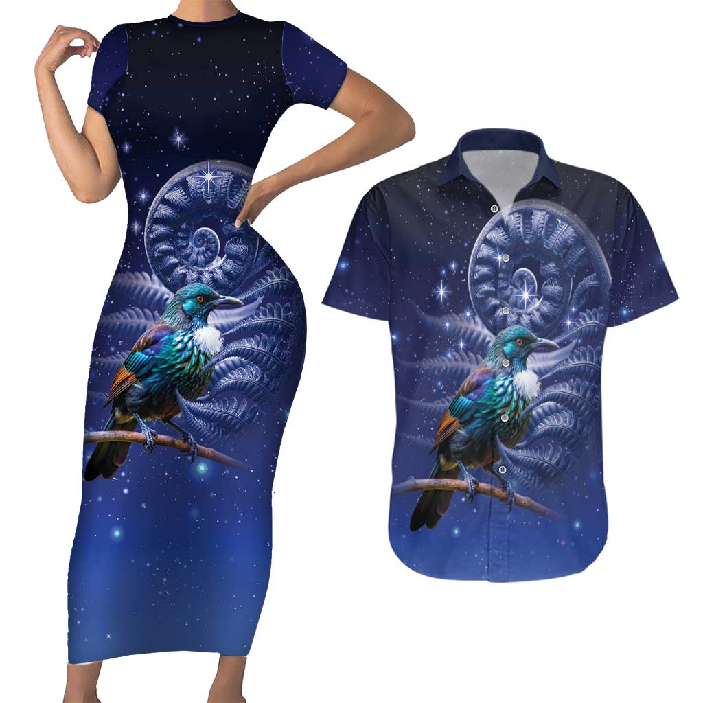 Tui Bird Matariki Galaxy Couples Matching Short Sleeve Bodycon Dress and Hawaiian Shirt Koru Silver Fern Aotearoa LT9 Galaxy - Polynesian Pride