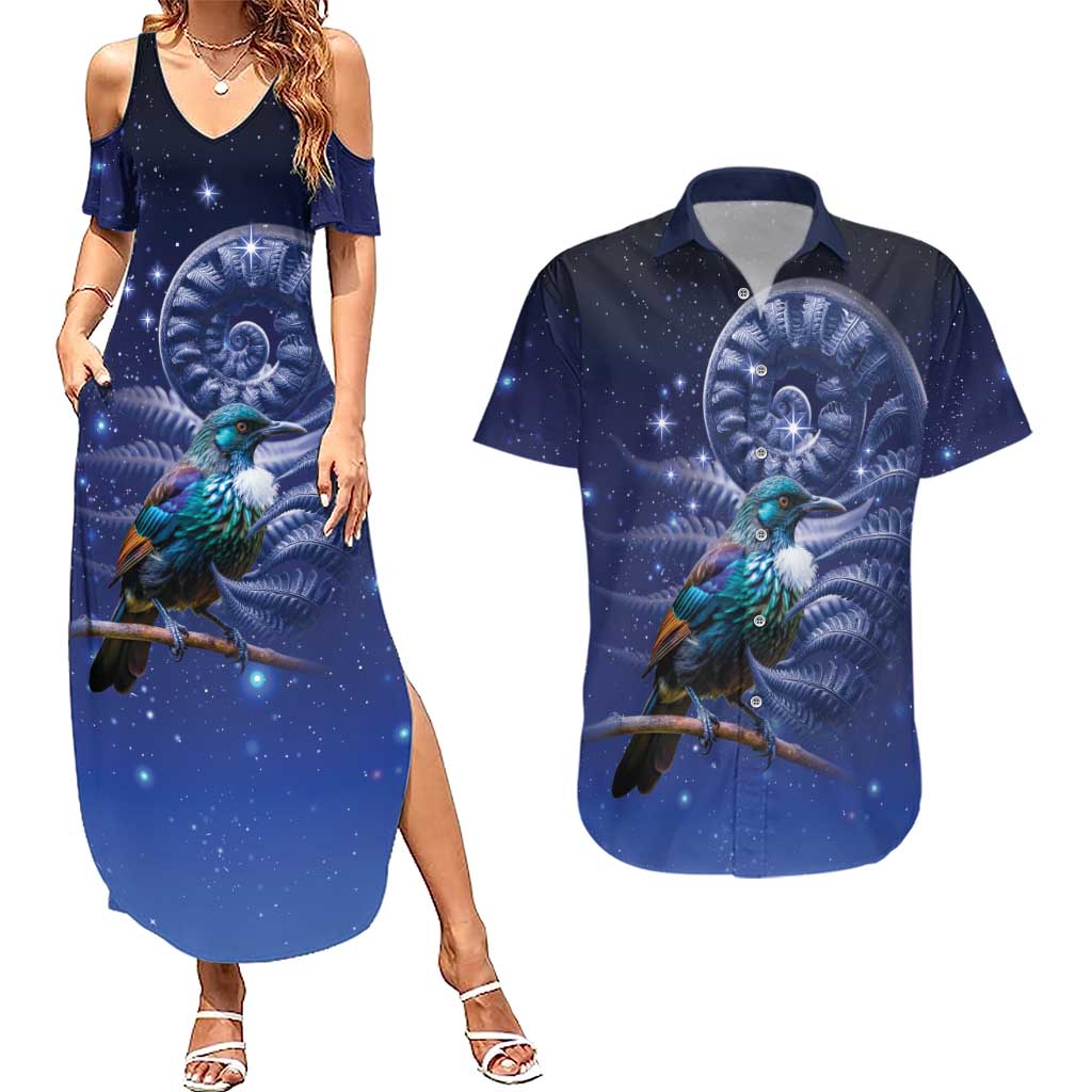 Tui Bird Matariki Galaxy Couples Matching Summer Maxi Dress and Hawaiian Shirt Koru Silver Fern Aotearoa LT9 Galaxy - Polynesian Pride
