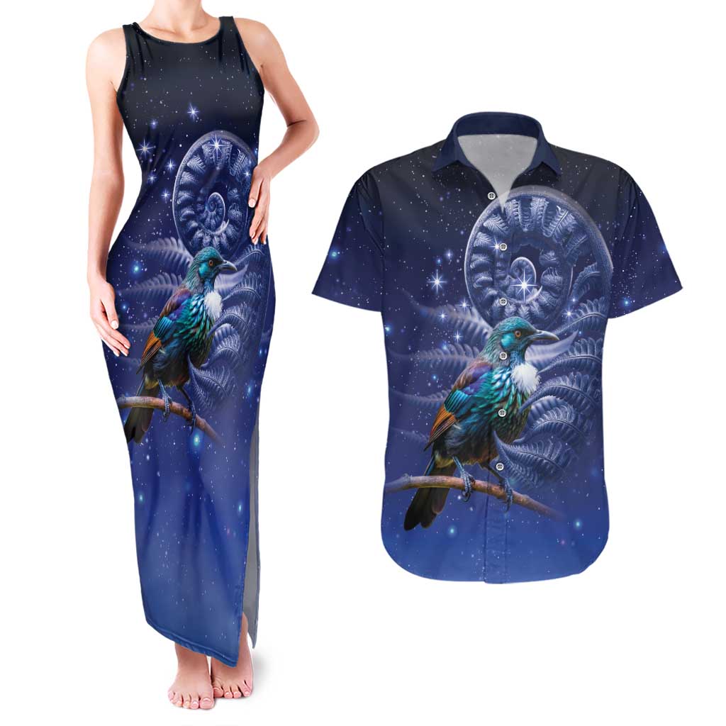 Tui Bird Matariki Galaxy Couples Matching Tank Maxi Dress and Hawaiian Shirt Koru Silver Fern Aotearoa LT9 Galaxy - Polynesian Pride