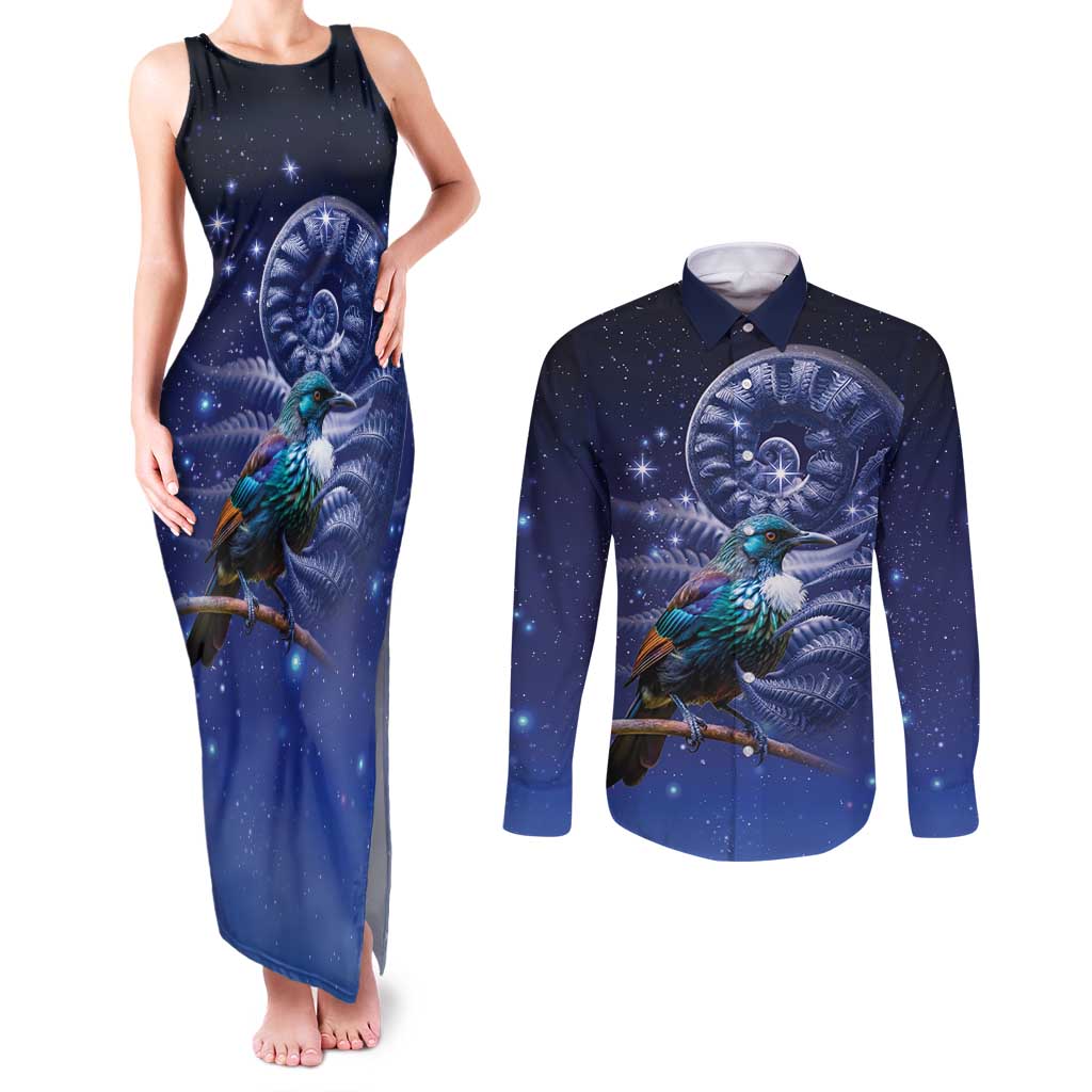 Tui Bird Matariki Galaxy Couples Matching Tank Maxi Dress and Long Sleeve Button Shirt Koru Silver Fern Aotearoa
