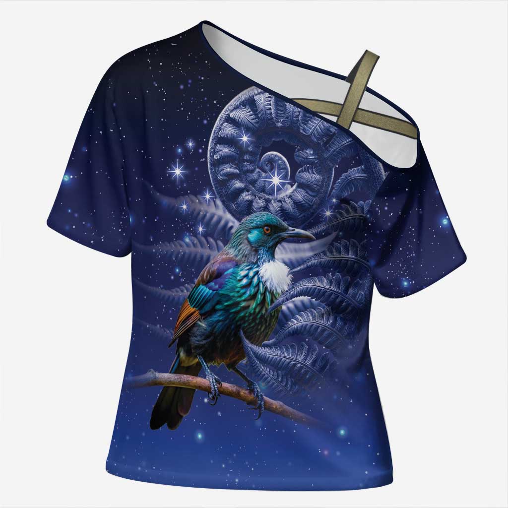 Tui Bird Matariki Galaxy Cross Shoulder Shirt Koru Silver Fern Aotearoa LT9 Female Galaxy - Polynesian Pride