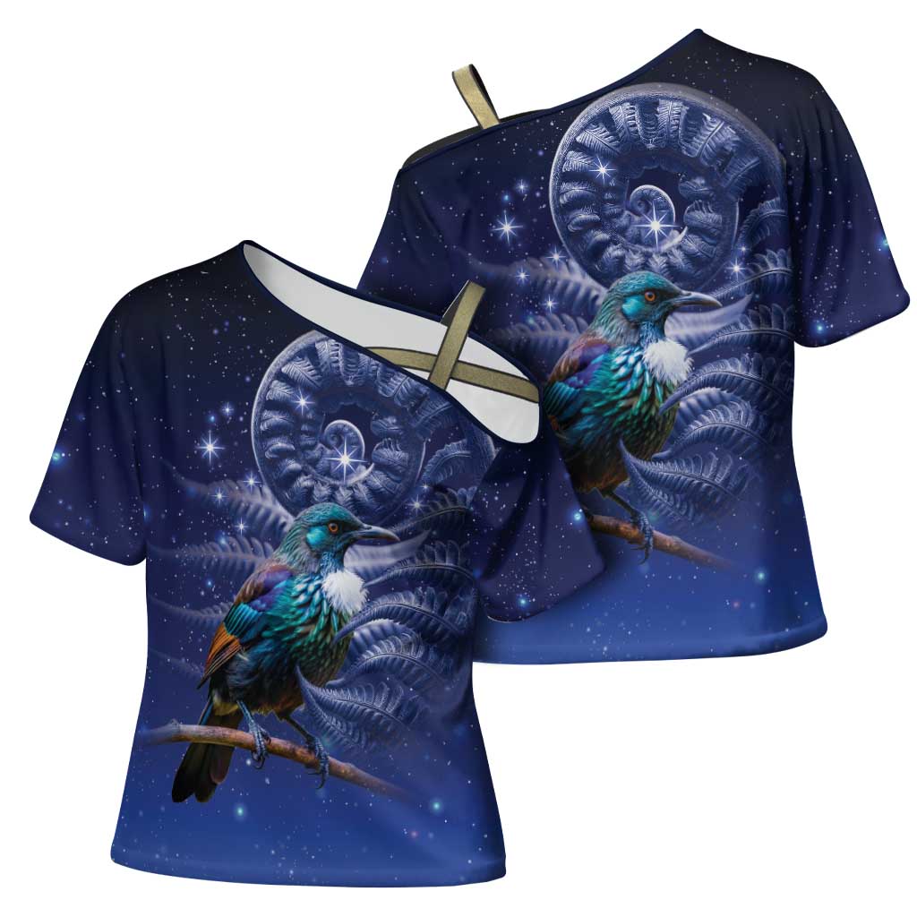 Tui Bird Matariki Galaxy Cross Shoulder Shirt Koru Silver Fern Aotearoa