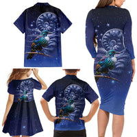 Tui Bird Matariki Galaxy Family Matching Long Sleeve Bodycon Dress and Hawaiian Shirt Koru Silver Fern Aotearoa LT9 - Polynesian Pride