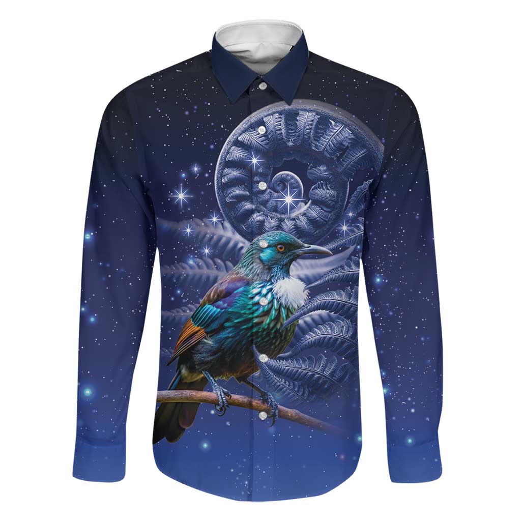 Tui Bird Matariki Galaxy Family Matching Mermaid Dress and Hawaiian Shirt Koru Silver Fern Aotearoa LT9 Dad's Shirt - Long Sleeve Galaxy - Polynesian Pride