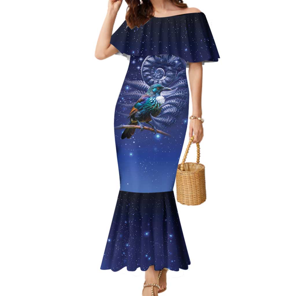 Tui Bird Matariki Galaxy Family Matching Mermaid Dress and Hawaiian Shirt Koru Silver Fern Aotearoa LT9 Mom's Dress Galaxy - Polynesian Pride