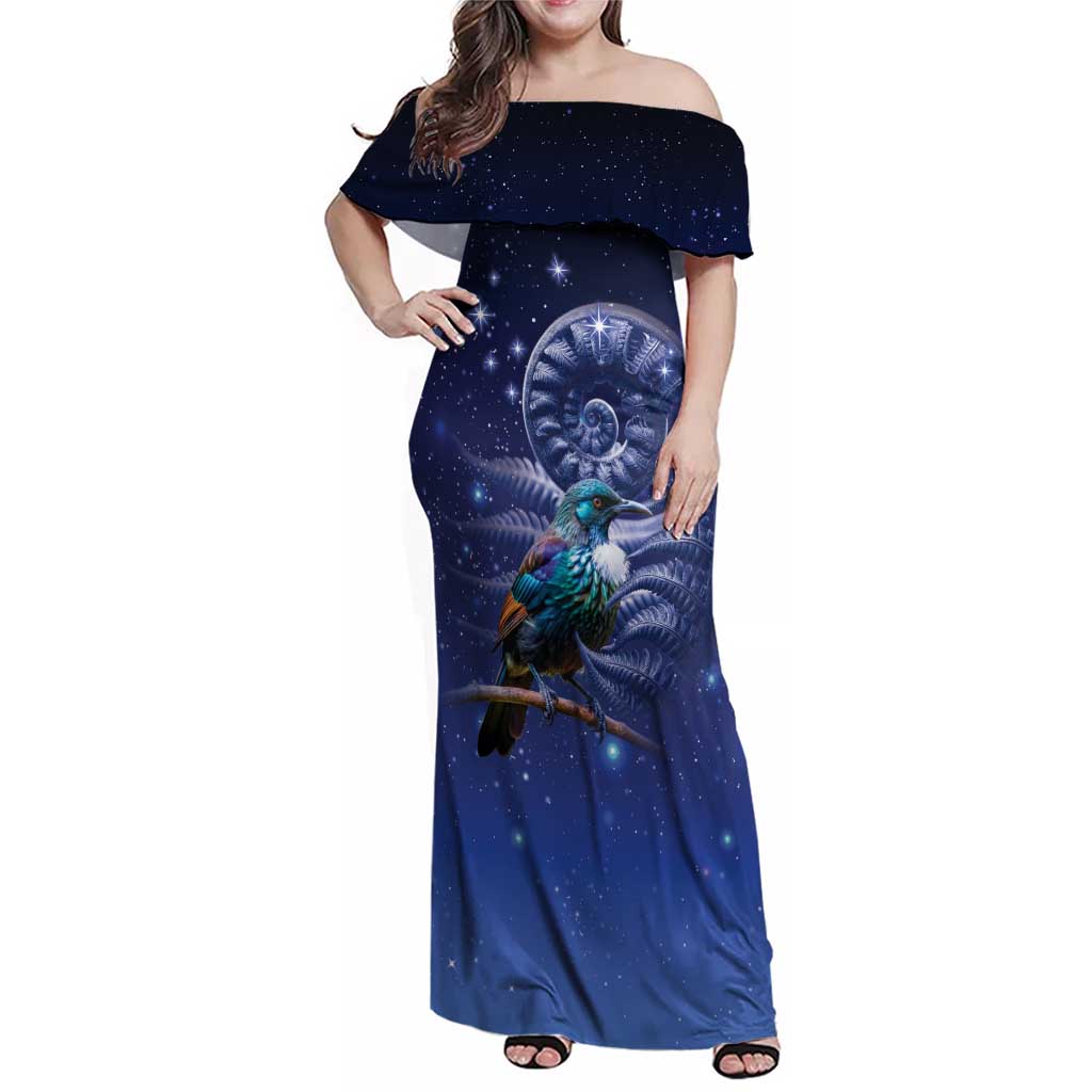 Tui Bird Matariki Galaxy Family Matching Off Shoulder Maxi Dress and Hawaiian Shirt Koru Silver Fern Aotearoa