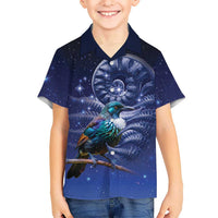 Tui Bird Matariki Galaxy Family Matching Off Shoulder Short Dress and Hawaiian Shirt Koru Silver Fern Aotearoa