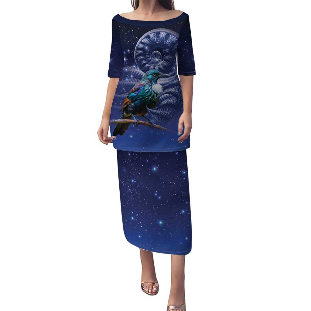 Tui Bird Matariki Galaxy Family Matching Puletasi and Hawaiian Shirt Koru Silver Fern Aotearoa
