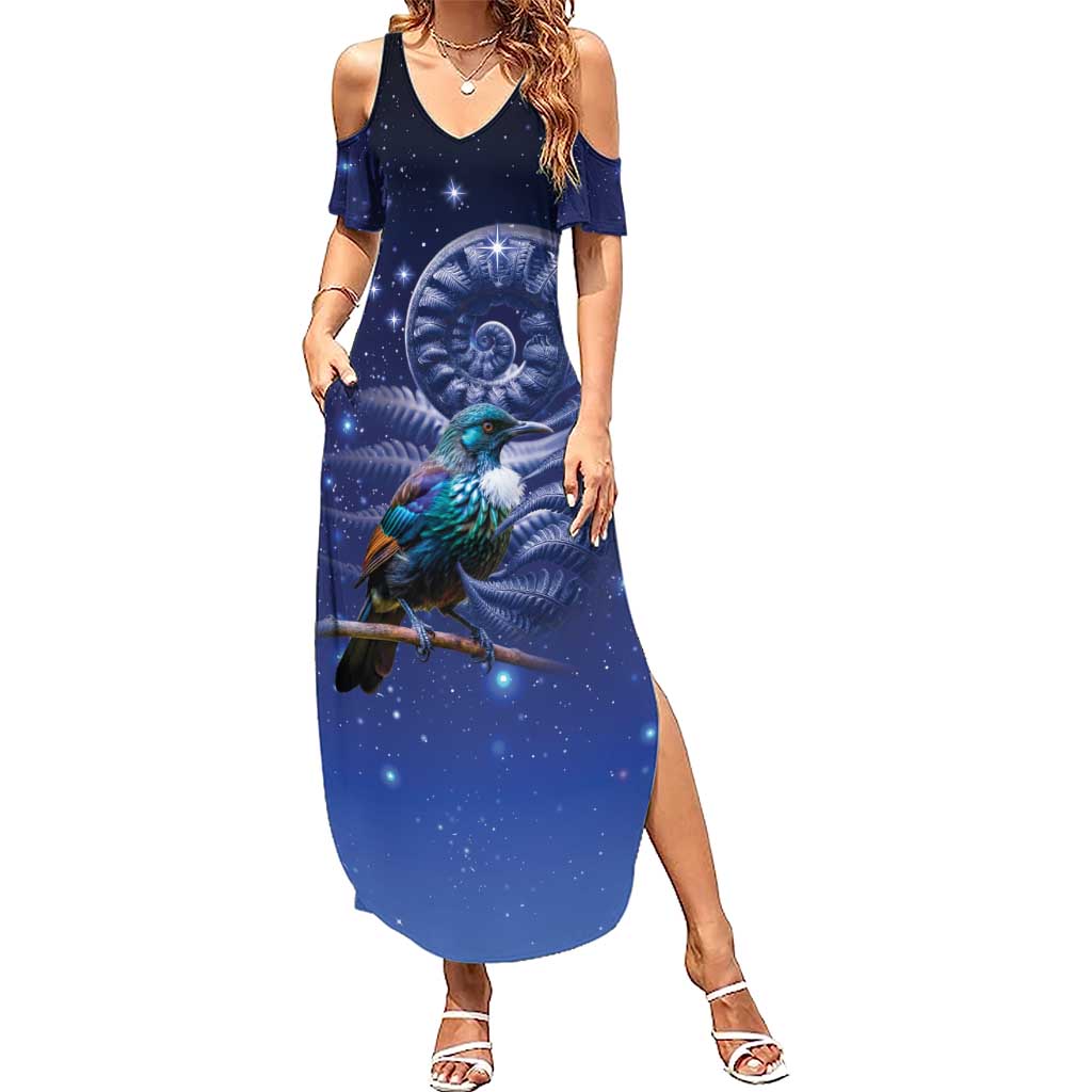 Tui Bird Matariki Galaxy Family Matching Summer Maxi Dress and Hawaiian Shirt Koru Silver Fern Aotearoa