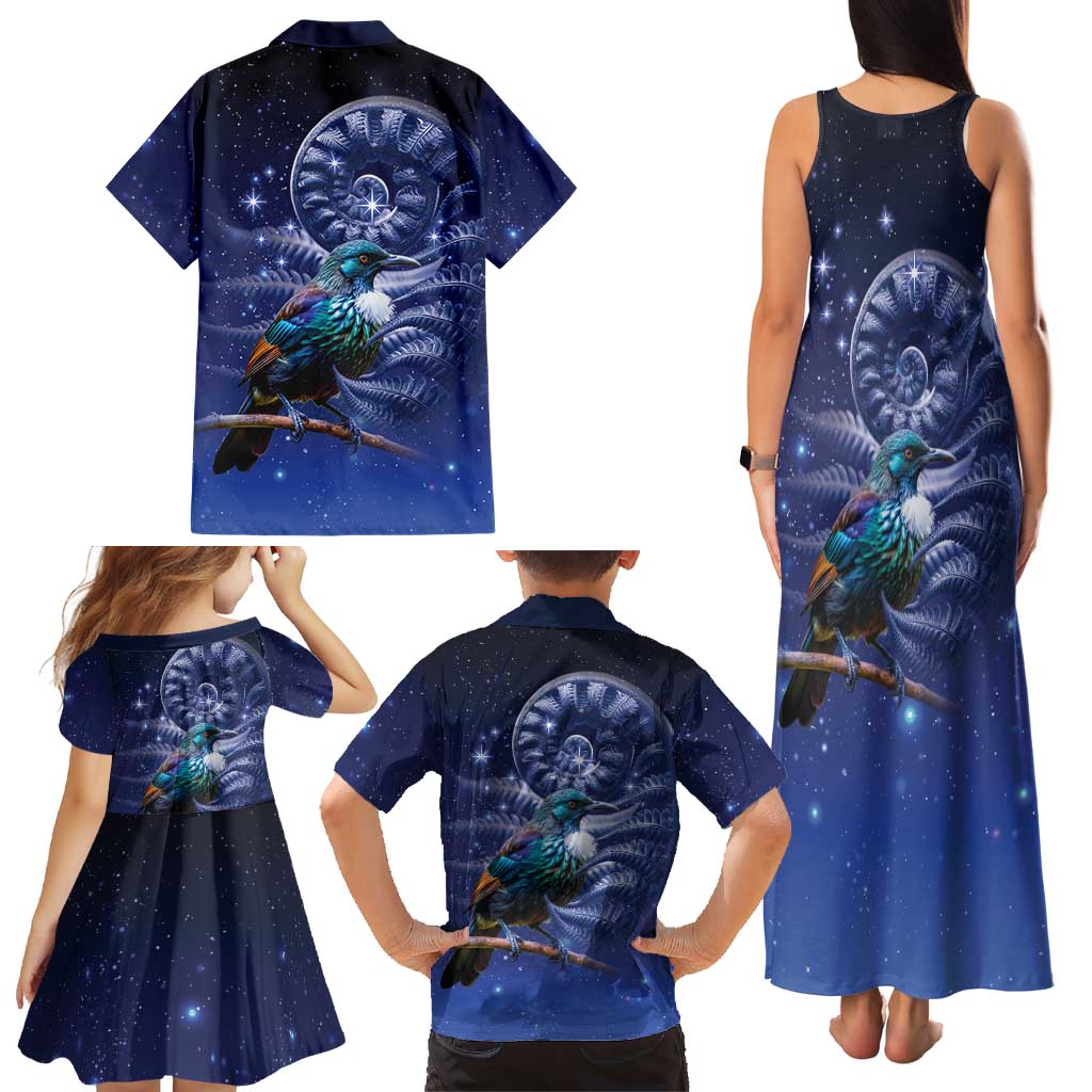 Tui Bird Matariki Galaxy Family Matching Tank Maxi Dress and Hawaiian Shirt Koru Silver Fern Aotearoa