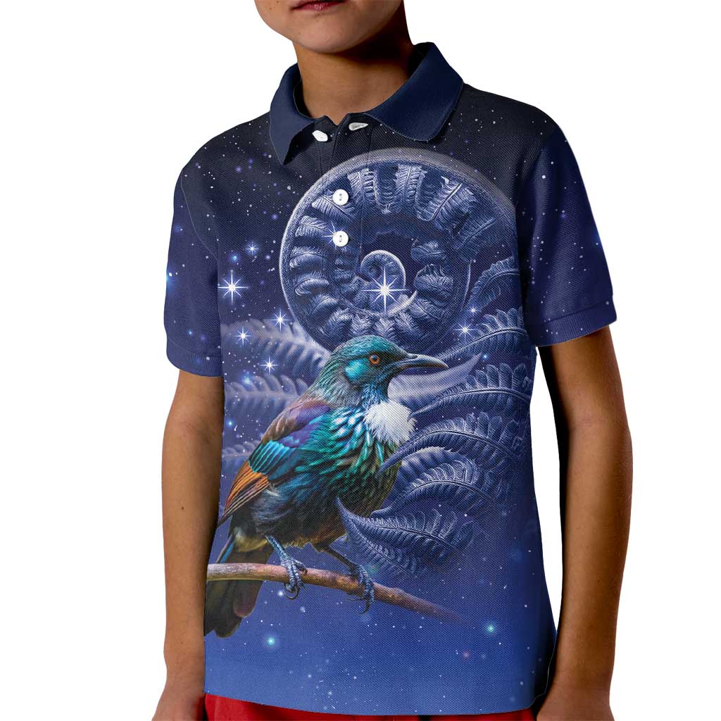 Tui Bird Matariki Galaxy Kid Polo Shirt Koru Silver Fern Aotearoa LT9 Kid Galaxy - Polynesian Pride