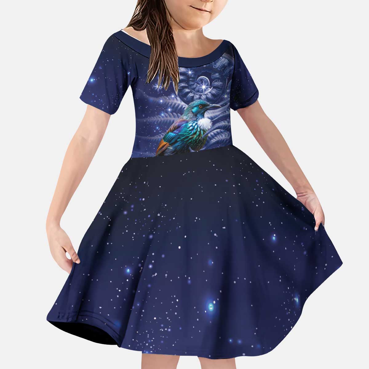Tui Bird Matariki Galaxy Kid Short Sleeve Dress Koru Silver Fern Aotearoa LT9 KID Galaxy - Polynesian Pride