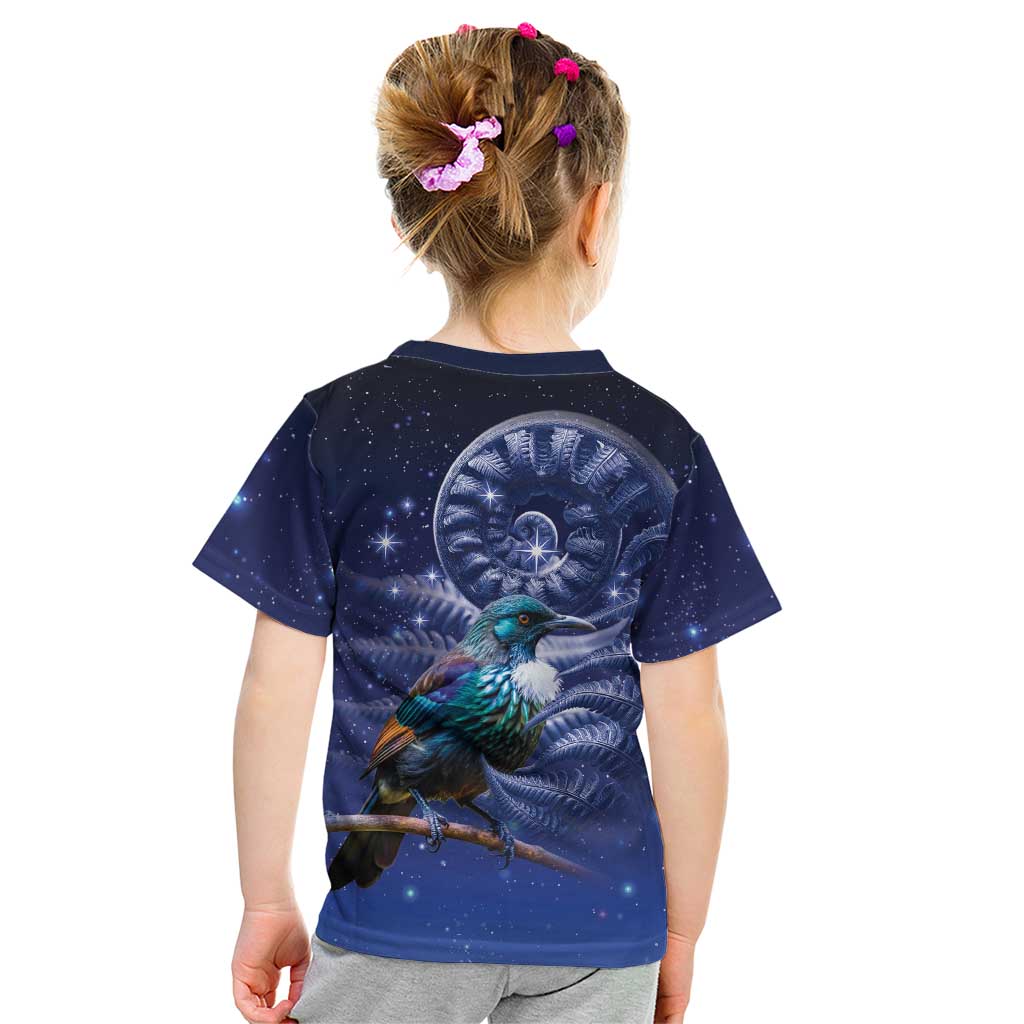 Tui Bird Matariki Galaxy Kid T Shirt Koru Silver Fern Aotearoa