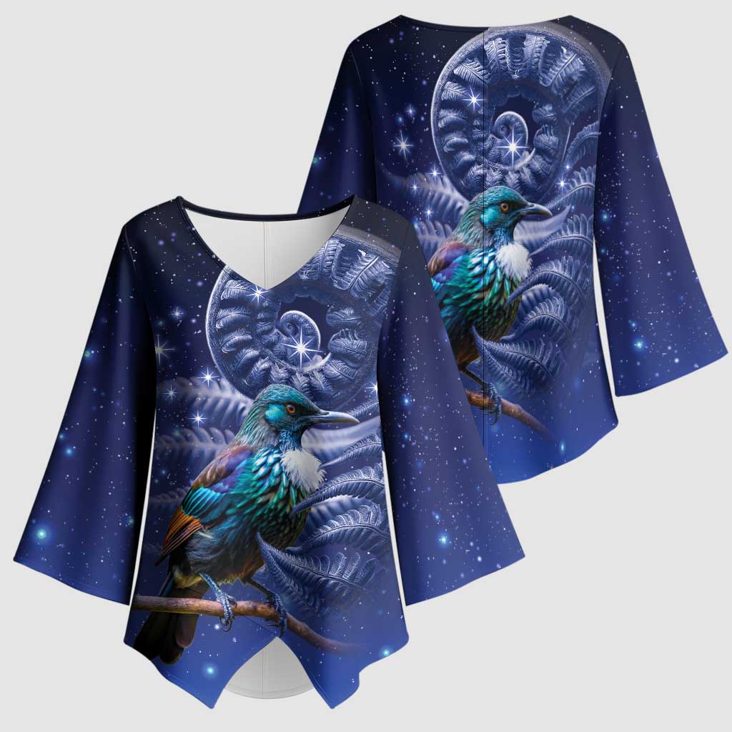 Tui Bird Matariki Galaxy Kimono Sleeve Blouse Koru Silver Fern Aotearoa