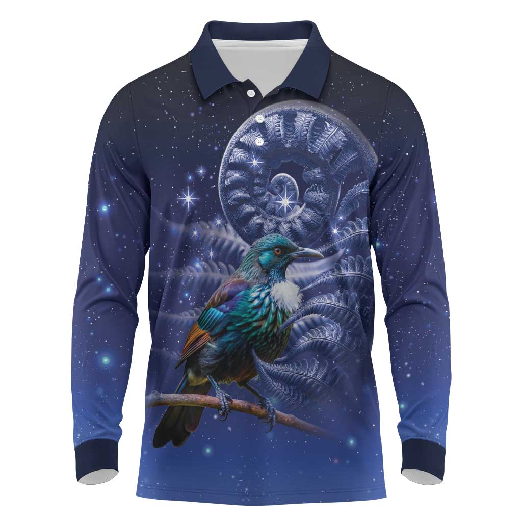 Tui Bird Matariki Galaxy Long Sleeve Polo Shirt Koru Silver Fern Aotearoa LT9 Galaxy - Polynesian Pride