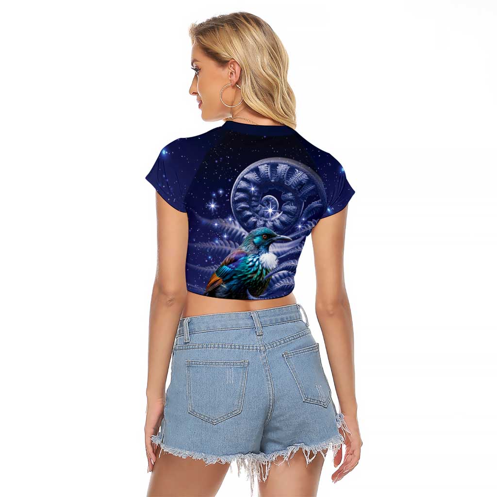 Tui Bird Matariki Galaxy Raglan Cropped T Shirt Koru Silver Fern Aotearoa