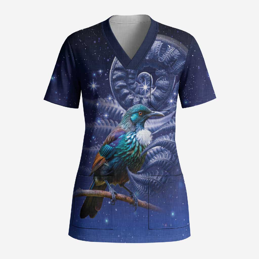 Tui Bird Matariki Galaxy Scrub Top Koru Silver Fern Aotearoa