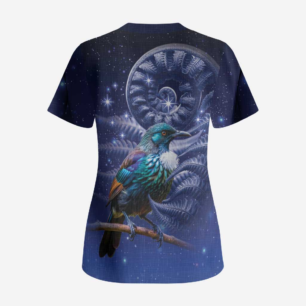 Tui Bird Matariki Galaxy Scrub Top Koru Silver Fern Aotearoa