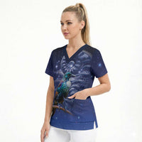 Tui Bird Matariki Galaxy Scrub Top Koru Silver Fern Aotearoa