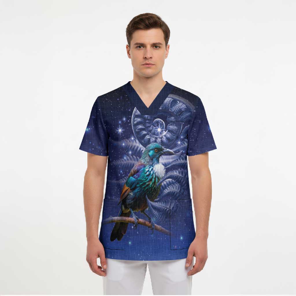 Tui Bird Matariki Galaxy Scrub Top Koru Silver Fern Aotearoa