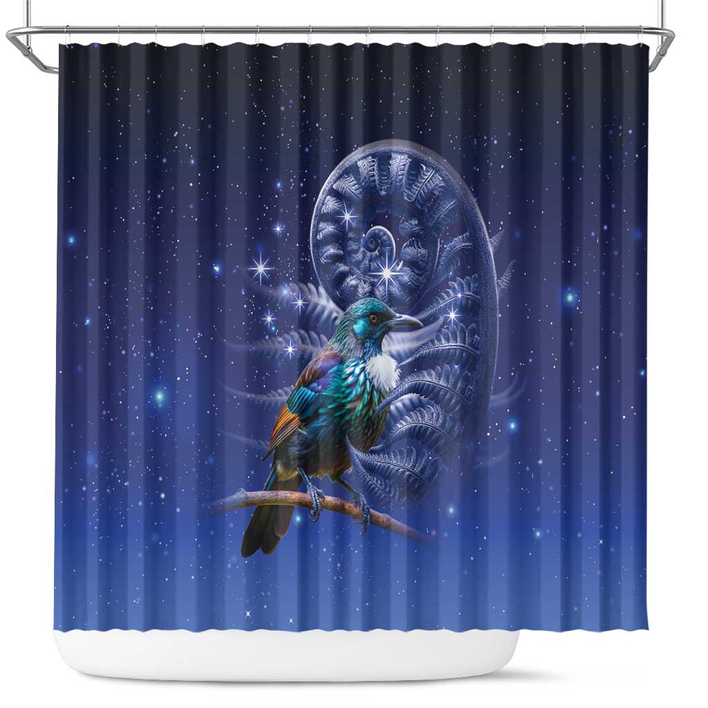 Tui Bird Matariki Galaxy Shower Curtain Koru Silver Fern Aotearoa LT9 Galaxy - Polynesian Pride