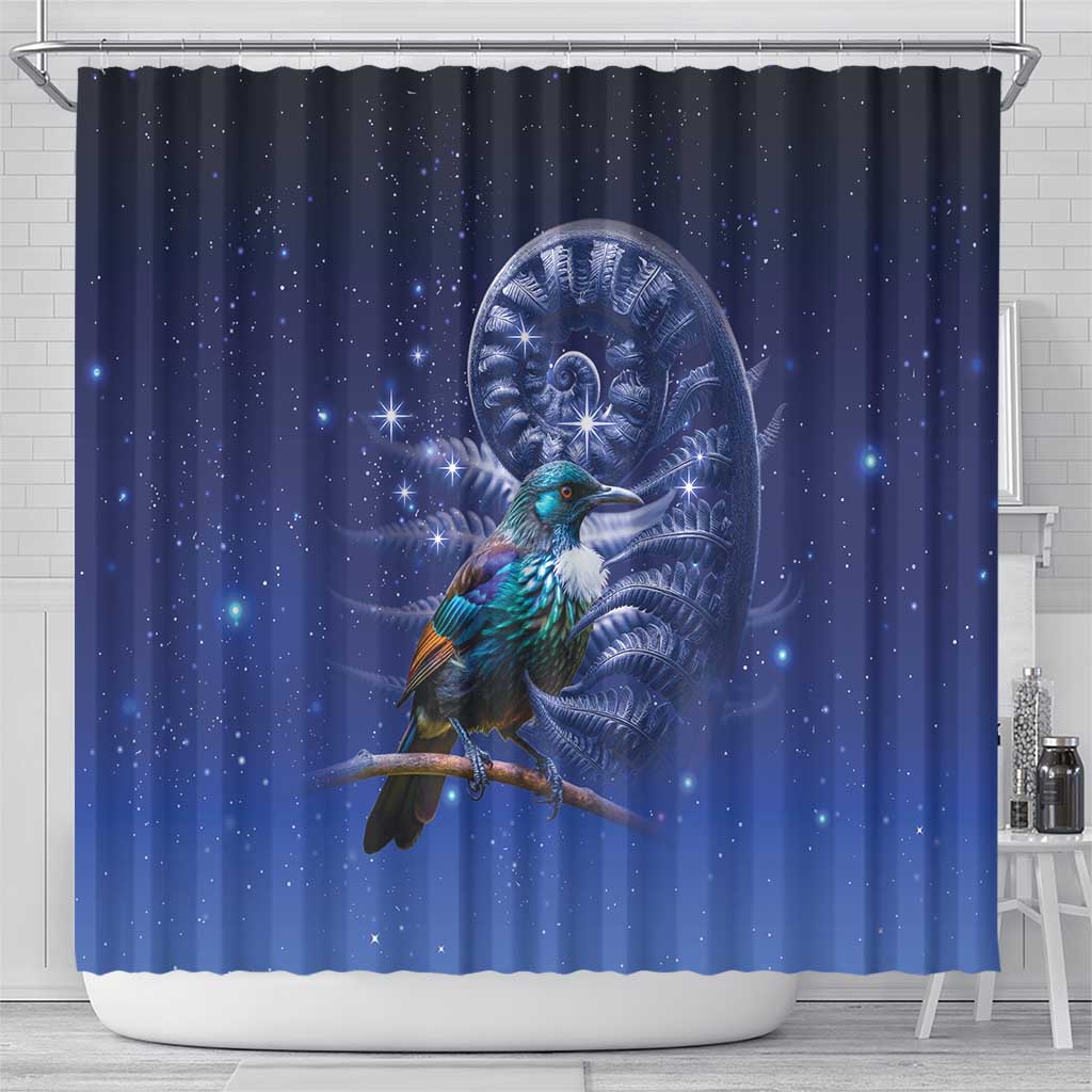 Tui Bird Matariki Galaxy Shower Curtain Koru Silver Fern Aotearoa