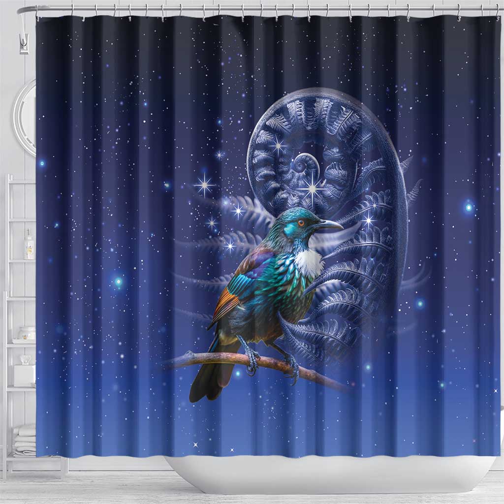 Tui Bird Matariki Galaxy Shower Curtain Koru Silver Fern Aotearoa