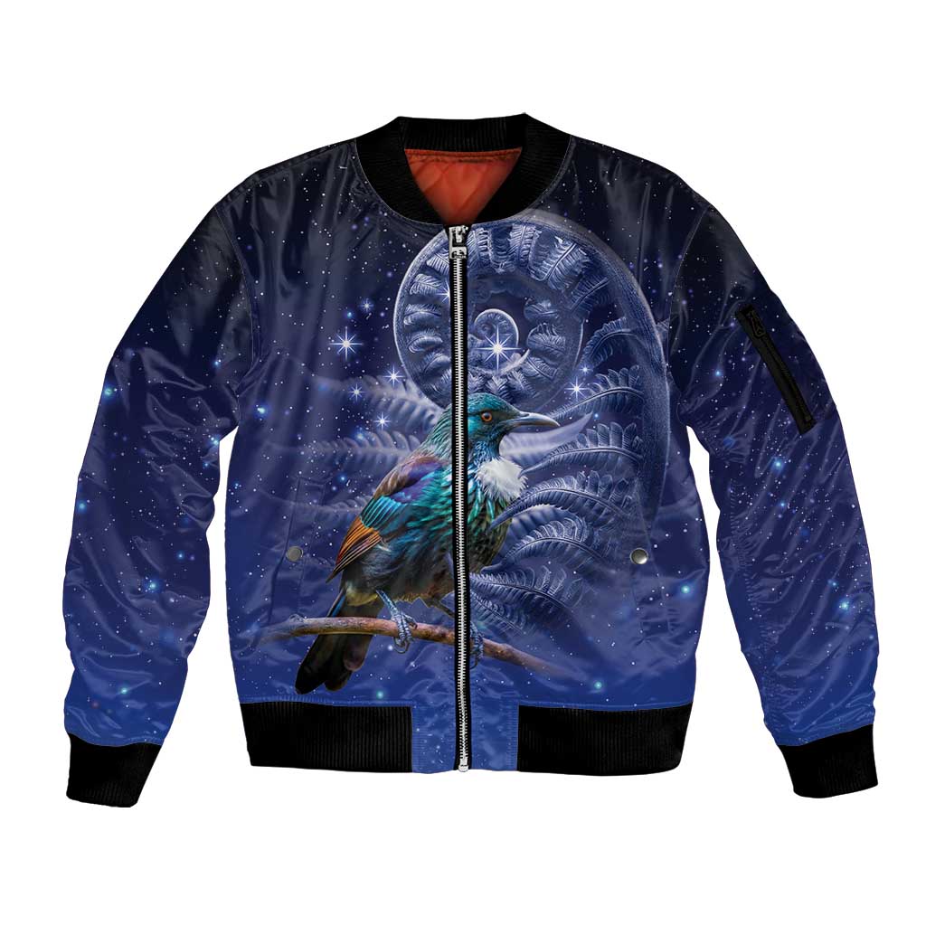 Tui Bird Matariki Galaxy Sleeve Zip Bomber Jacket Koru Silver Fern Aotearoa LT9 Unisex Galaxy - Polynesian Pride