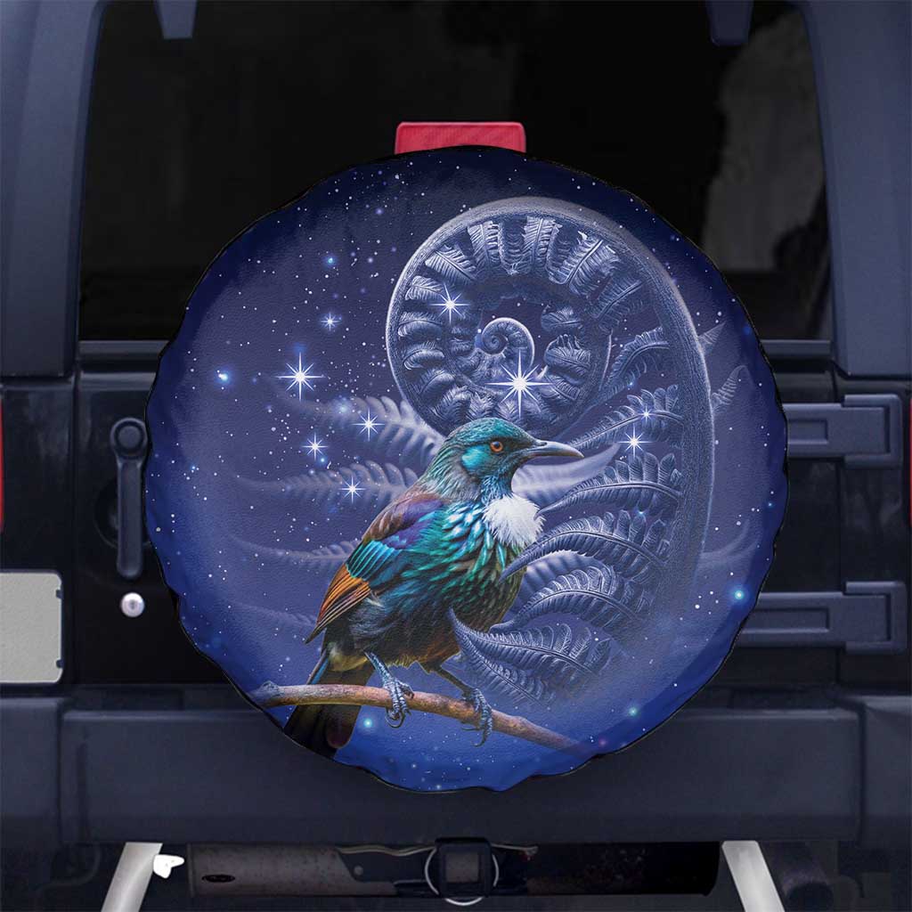 Tui Bird Matariki Galaxy Spare Tire Cover Koru Silver Fern Aotearoa LT9 No hole Galaxy - Polynesian Pride