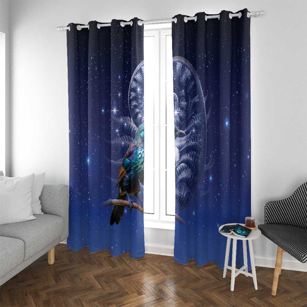Tui Bird Matariki Galaxy Window Curtain Koru Silver Fern Aotearoa
