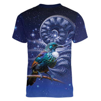 Tui Bird Matariki Galaxy Women V-Neck T-Shirt Koru Silver Fern Aotearoa LT9 - Polynesian Pride