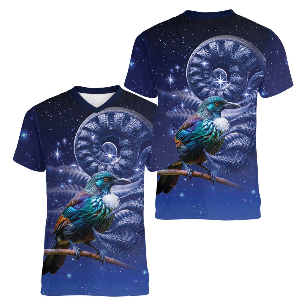 Tui Bird Matariki Galaxy Women V-Neck T-Shirt Koru Silver Fern Aotearoa LT9 - Polynesian Pride